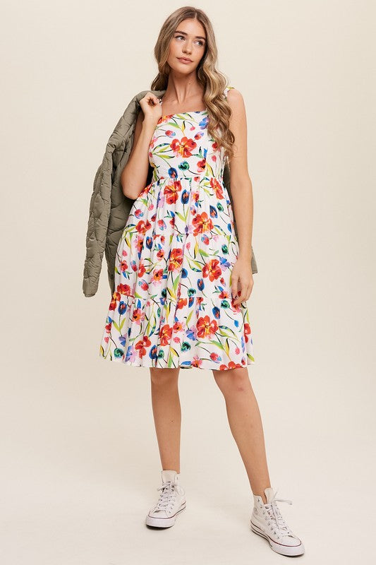 Flower Print Square Neck Dress Dress