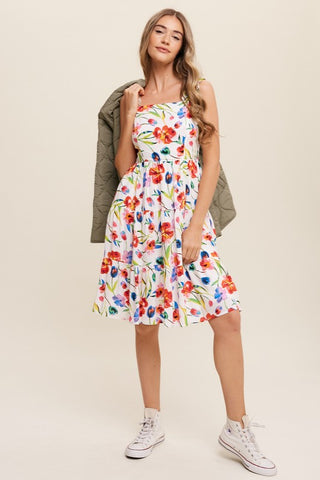 Flower Print Square Neck Dress Dress