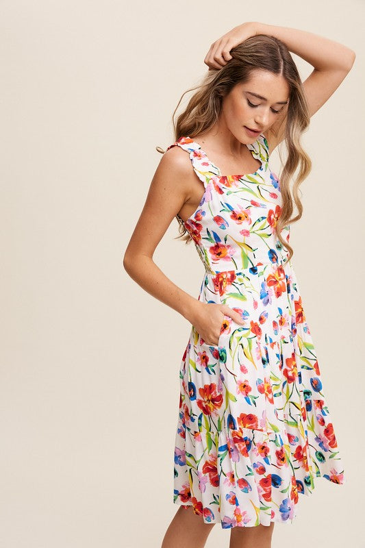 Flower Print Square Neck Dress Dress