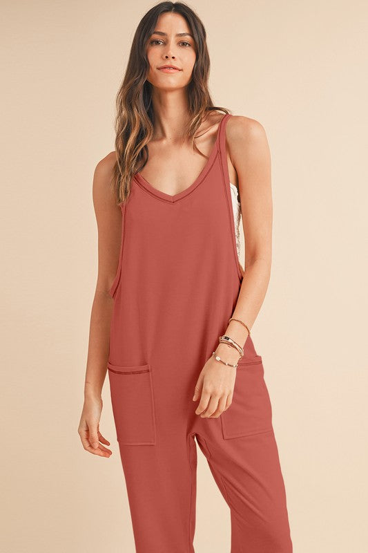 Side Pockets Pants Sleeveless V Neck Jumpsuit RED SW6413197-P5014 jummpsuit