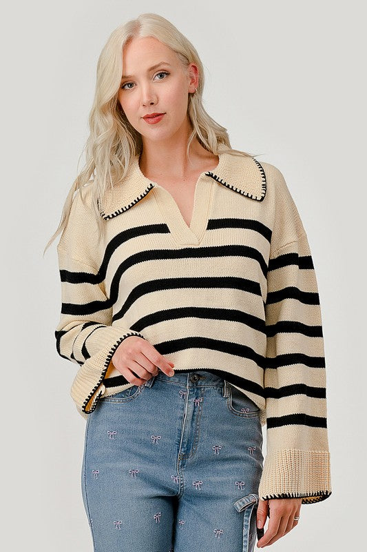 Stripe Pattern Knit Sweater Ivory Black