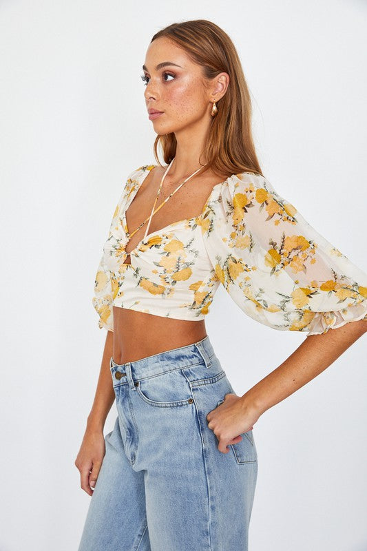 Chiffon Balloon Sleeved Bustier Crop Top Top