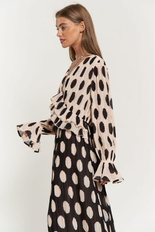 Polka Dot Ruffled Long Sleeve Pleated Maxi Dress Dress