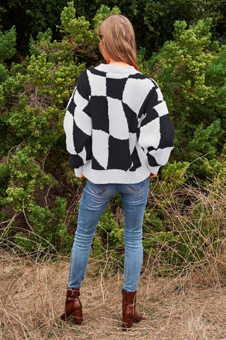 Multi Geo Checker Pullover Knit Sweater Top Sweater