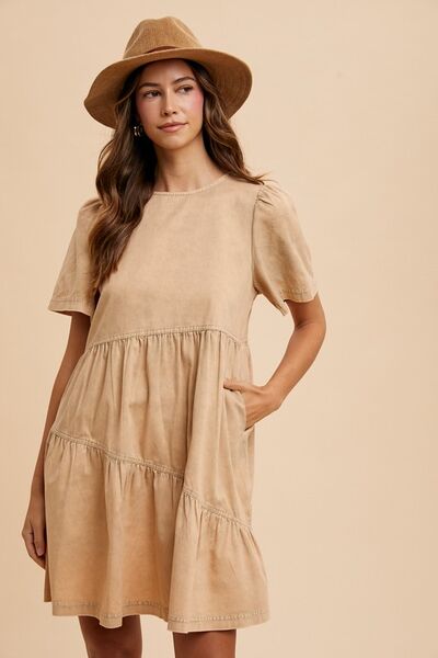 Mineral Washed Round Neck Short Sleeve Denim Dress Tan Dress