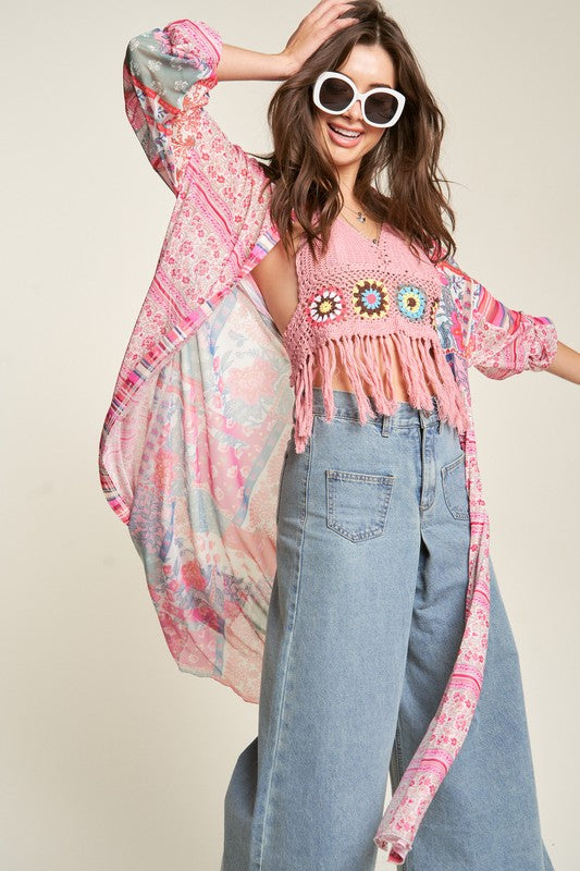 Mesh Print Mix Matched Button Front Cover Up Kimono Cardigan