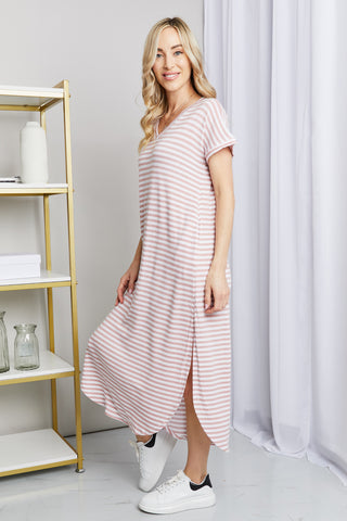Heimish Full Size Horizontal Stripe Side Slit V-Neck Dress Dress