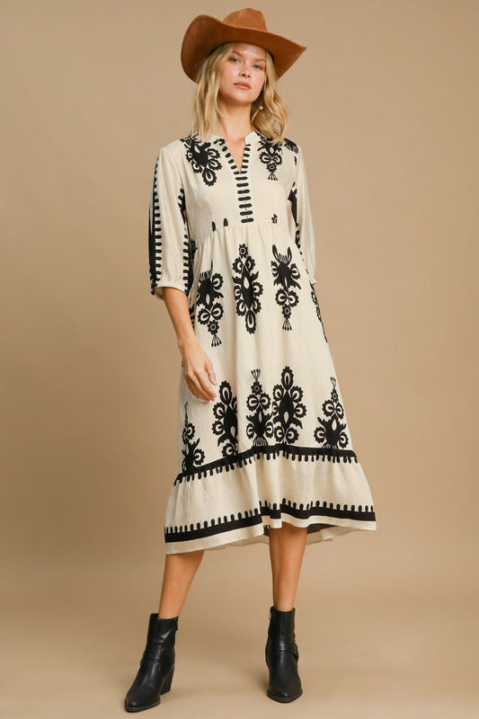 Umgee Printed Notched Midi Dress Dress