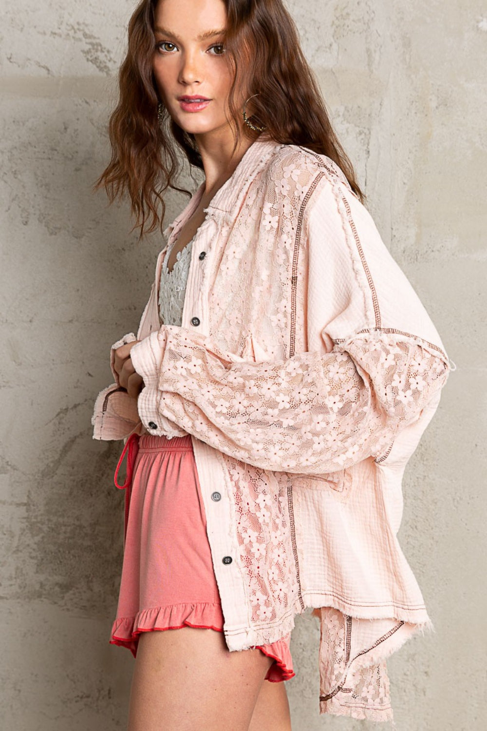 POL Oversize Lace Button-Down Shirt Shirt