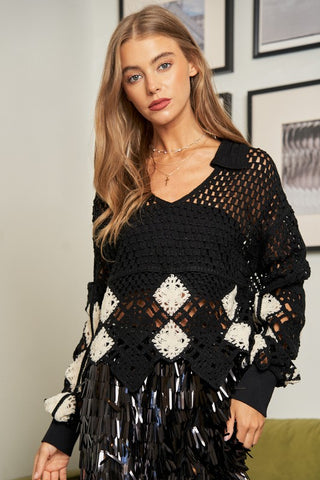 Crochet V Neck Long Sleeve Knit Sweater Top Black Sweater