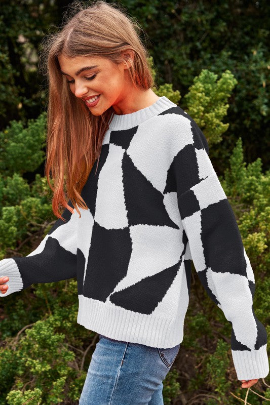 Multi Geo Checker Pullover Knit Sweater Top Sweater