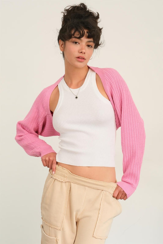 Ribbed Knit Bolero Cardigan Rose Pink cardigan