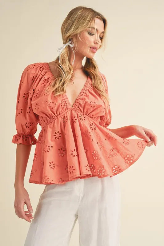 Eyelet Embroidered V-Neck Half Sleeve Peplum Blouse top