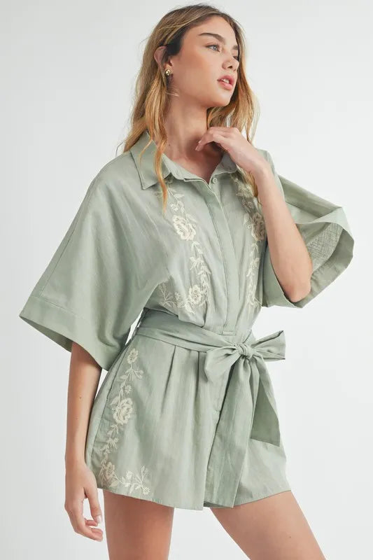 Embroidered Button Down Collared Neck Romper Romper