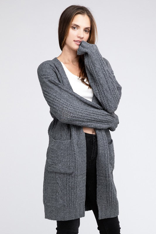 Twist Knitted Open Front Cardigan With Pockets CHARCOAL cardigan
