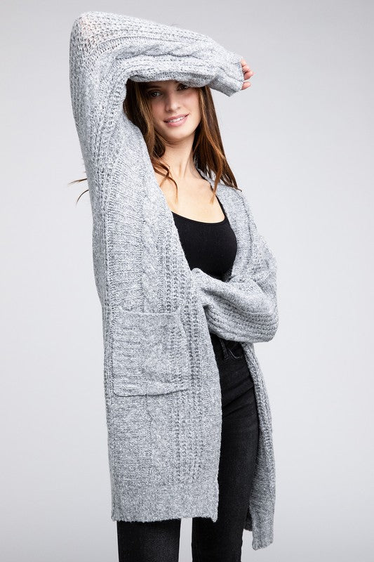 Twist Knitted Open Front Cardigan With Pockets GREY cardigan