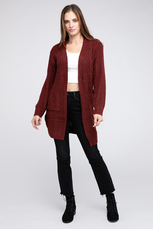 Twist Knitted Open Front Cardigan With Pockets cardigan