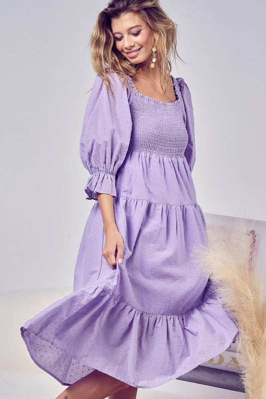 BiBi Swiss Dot Flounce Sleeve Smocked Tiered Midi Dress Lavender Dress