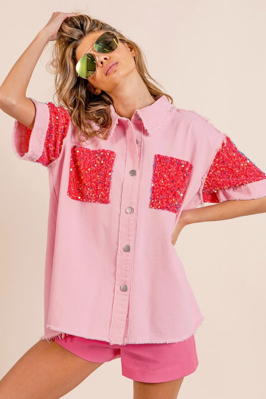 BiBi Sequin Detail Raw Hem Short Sleeve Shirt Pink/Fuchsia Shirt