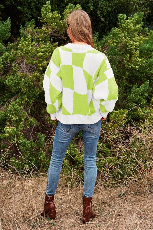 Multi Geo Checker Pullover Knit Sweater Top Sweater