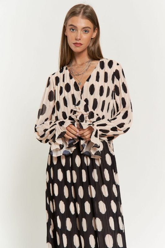 Polka Dot Ruffled Long Sleeve Pleated Maxi Dress Dress