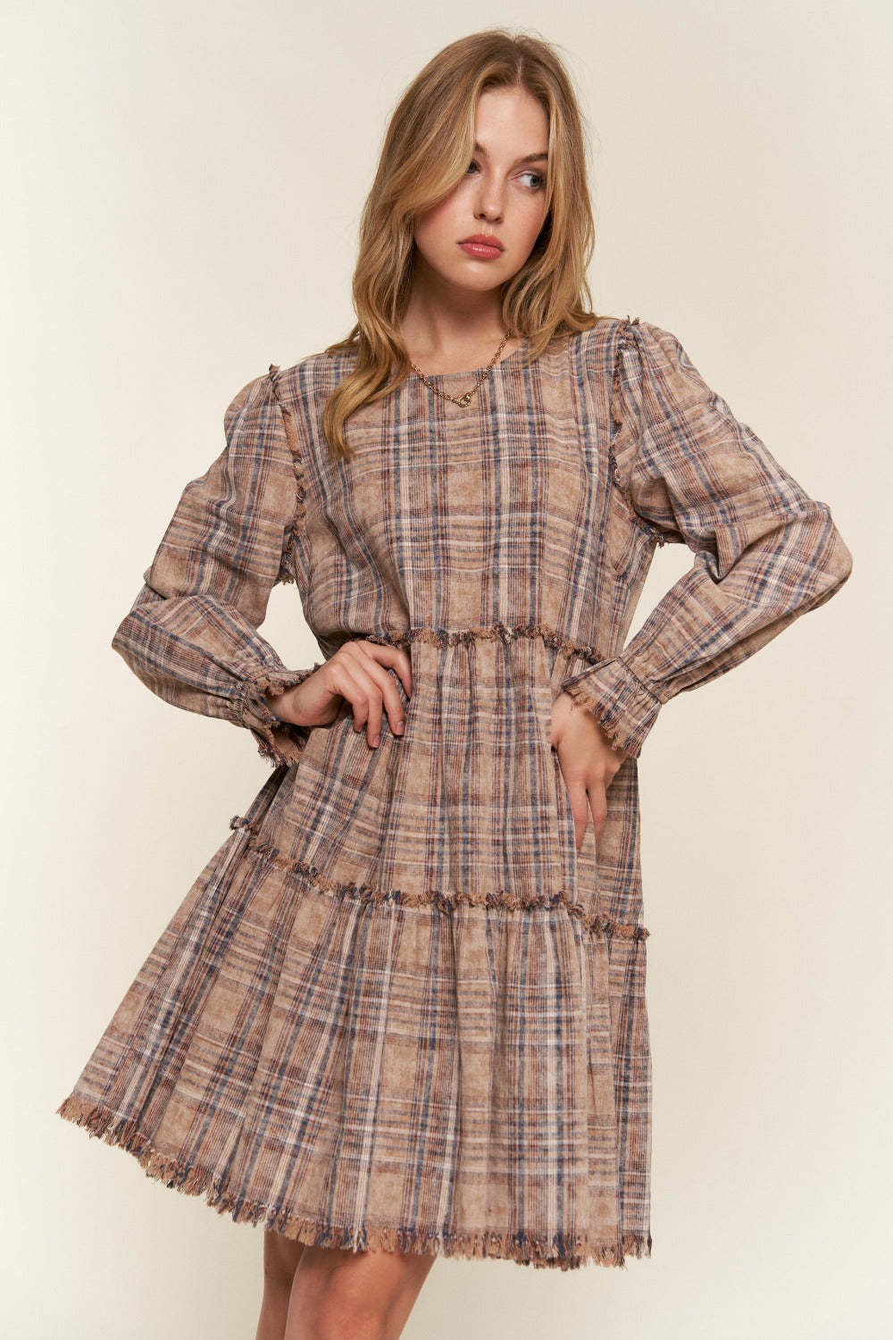 Washed Frayed Tiered Plaid Dress Brown Dress