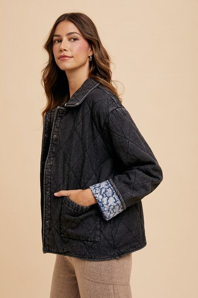 Quilted Printed Lining Snap Down Denim Jacket Jacket