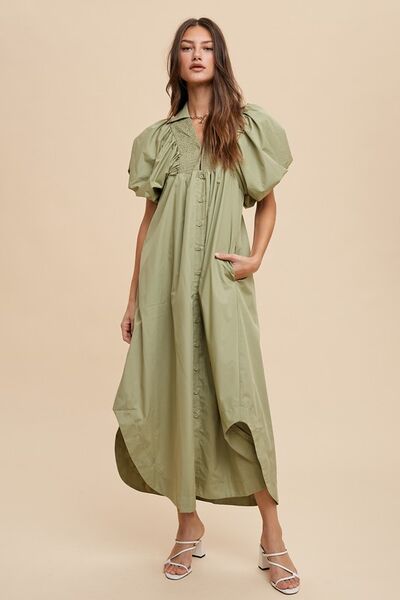 Smocked Puff Sleeve Midi Dress Desert Sage Dress