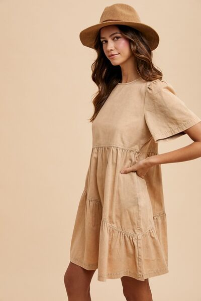 Mineral Washed Round Neck Short Sleeve Denim Dress Dress