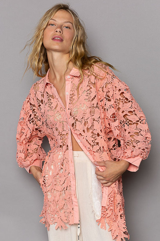 POL Collared Neck Button Up Lace Shirt Peach Coral Top