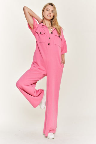 Basic Collar Shirt Wide leg Jumpsuit PINK Jumpsuits and Rompers