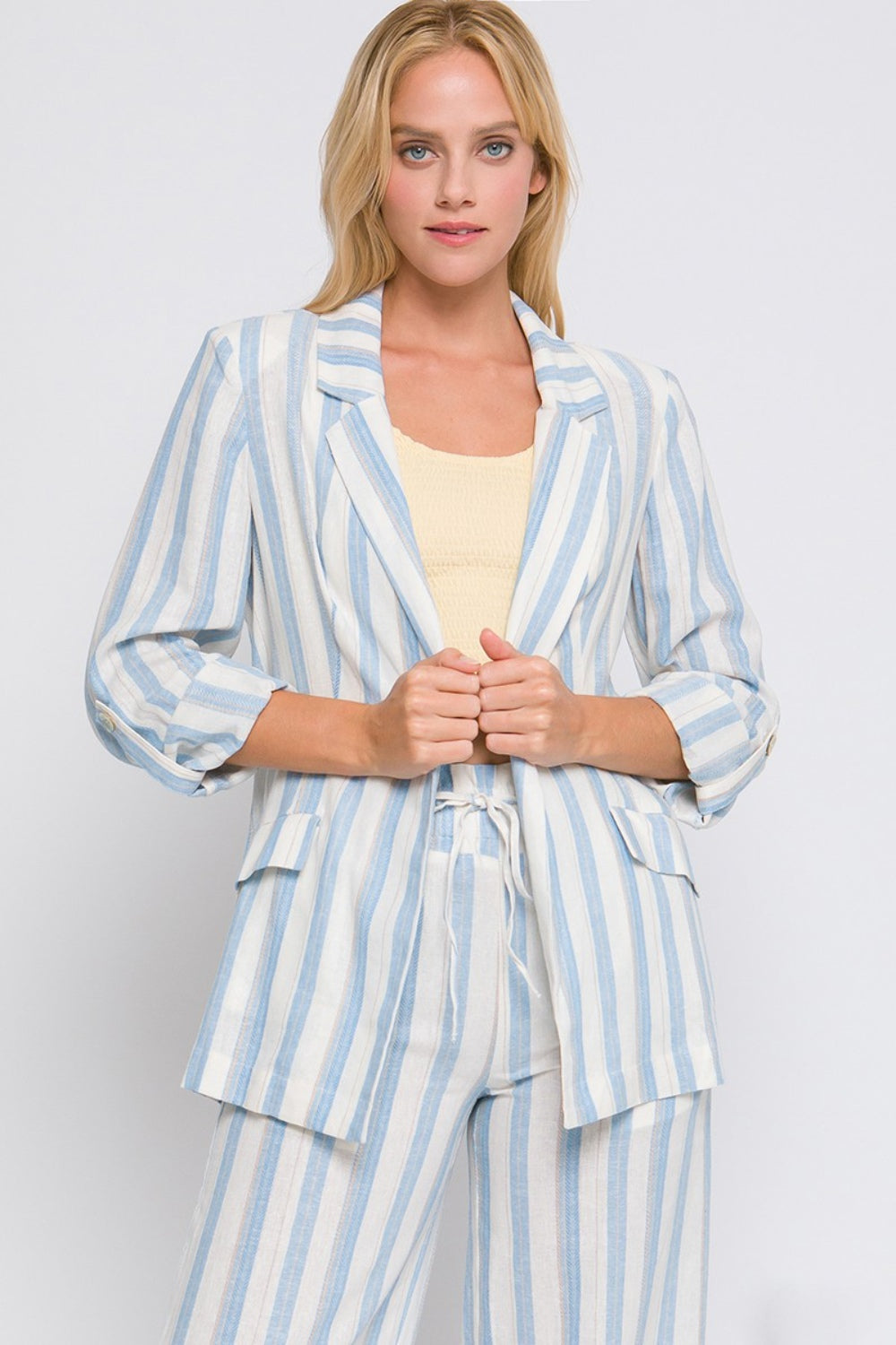 Love Tree Linen Woven Striped Blazer Blue set