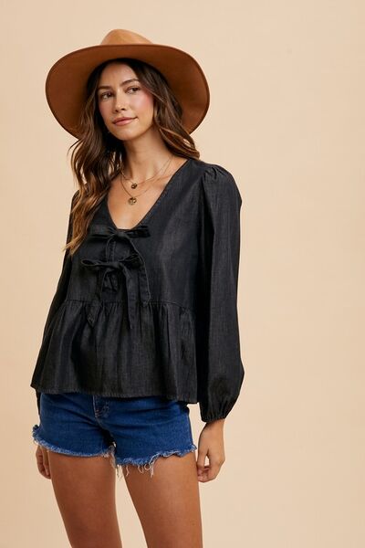 Tie Front Peplum Long Sleeve Denim Top Black shirt