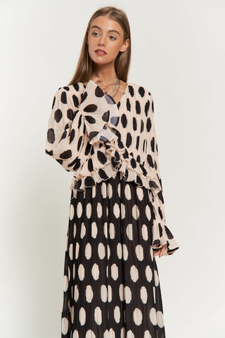 Polka Dot Ruffled Long Sleeve Pleated Maxi Dress Taupe Black Dress