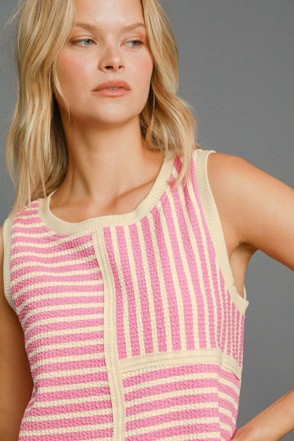 Umgee Round Neck Texture Striped Tank Top