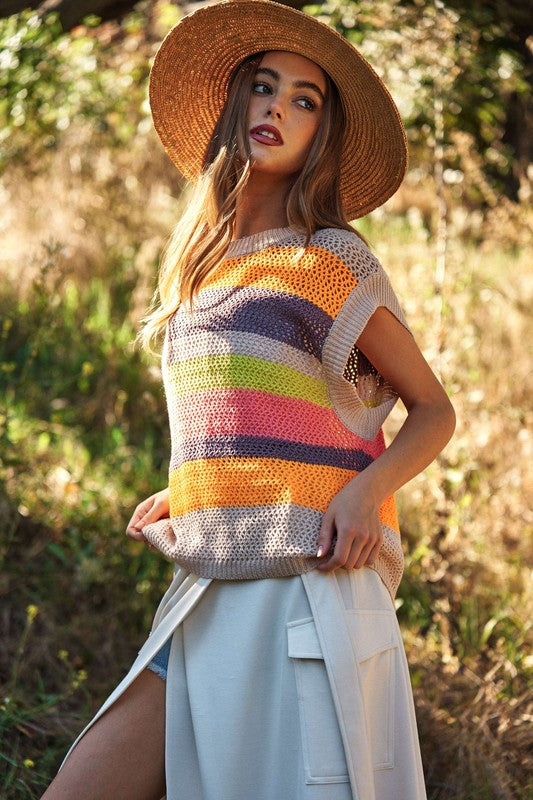 Crochet Multi Striped Pullover Knit Sweater Vest Top