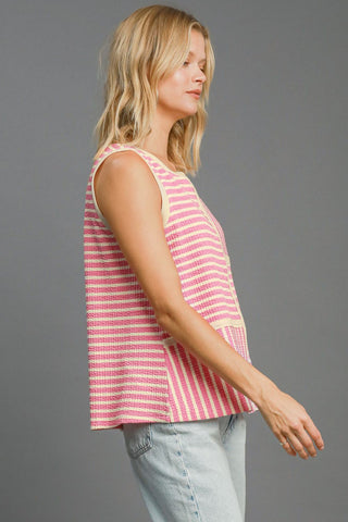 Umgee Round Neck Texture Striped Tank Top