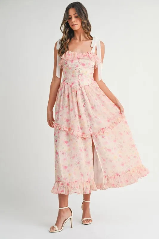 Floral Printed Shoulder Strap Midi Dress Dress