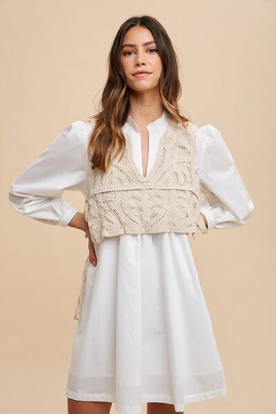 Crochet Vest Notched Long Sleeve Shirt Dress White Dess