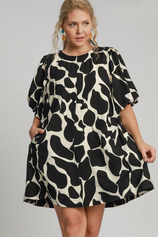 Umgee Full Size Two Tone Abstract Print Puff Sleeve Dress Plus Size Dress