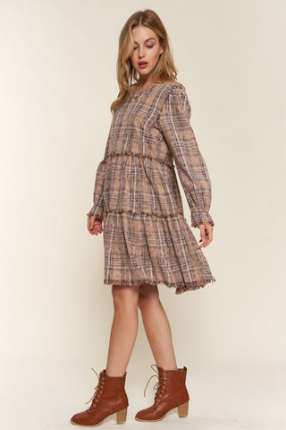 Washed Frayed Tiered Plaid Dress Dress