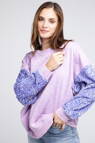 Velvet Sequin Sleeve Mineral Washed Top PERIWINKLE Sweater