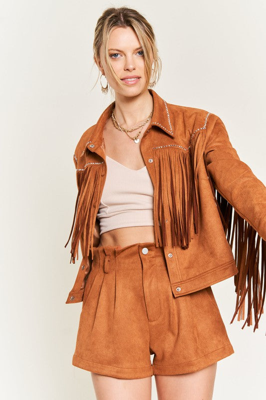 Suede studded fringe jacket CAMEL Jacket