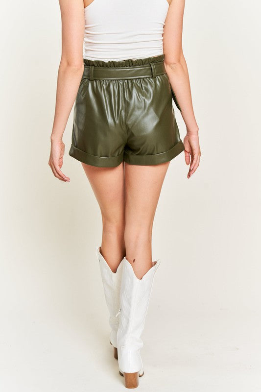 High-rise waist Belted Faux Leather Short Shorts