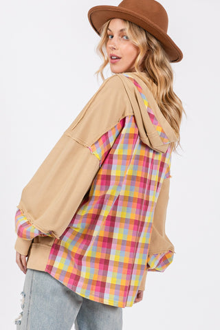 Plaid Print Washed Hoodie sweatshirt