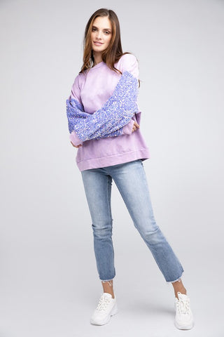 Velvet Sequin Sleeve Mineral Washed Top Sweater