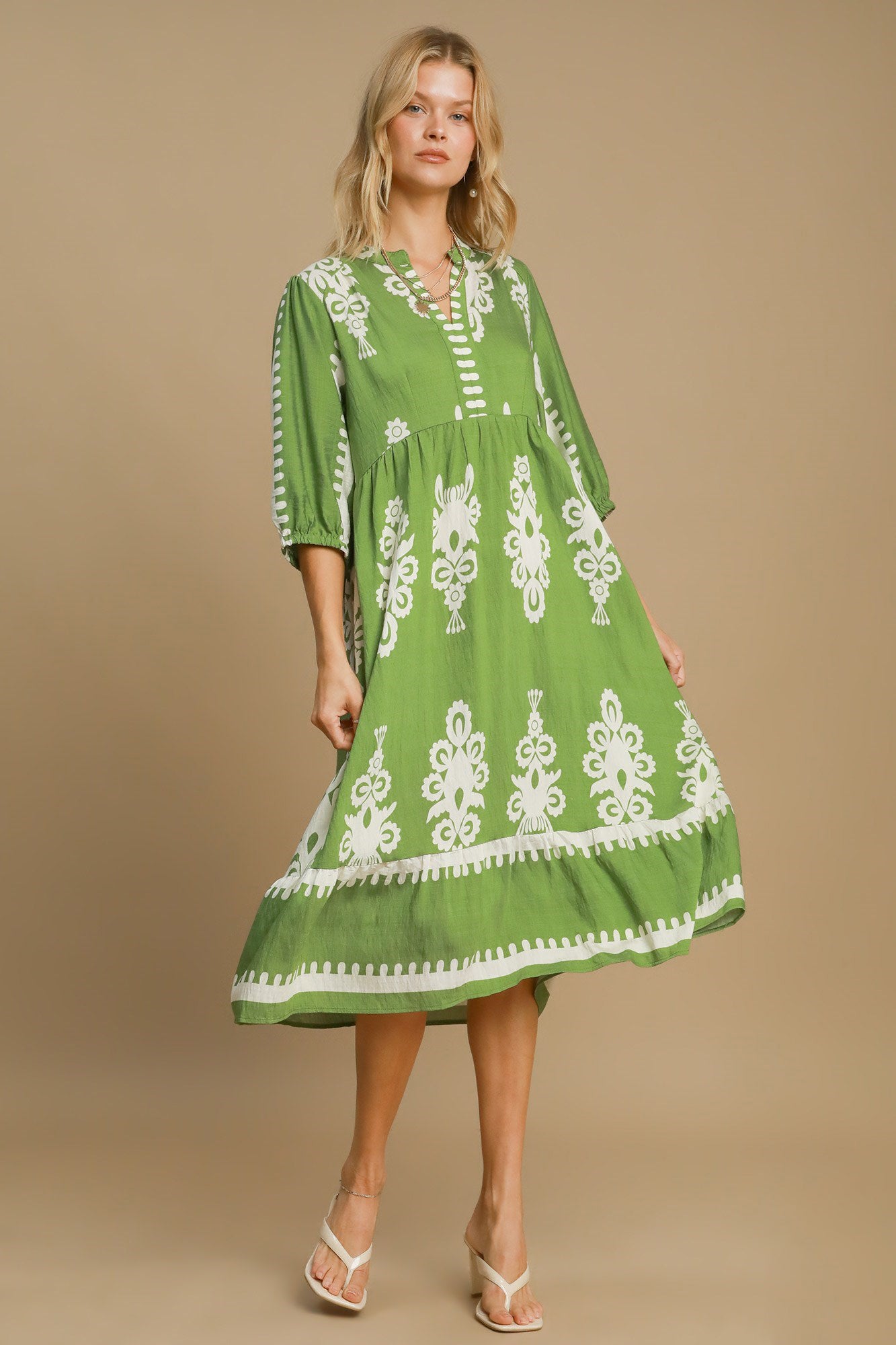 Umgee Printed Notched Midi Dress Dress