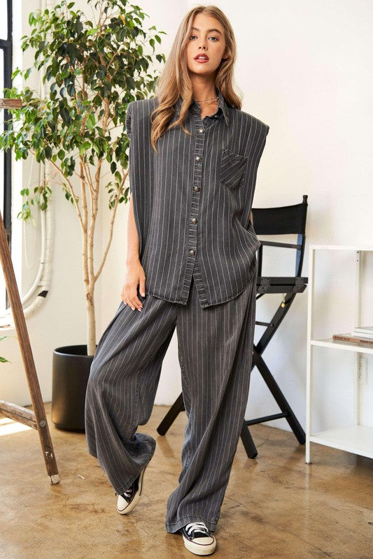 Stripe Button Down Shirt and Long Pants Set Set