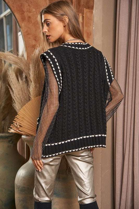 Solid V-Neck Sleeveless Pocket Detail Sweater vest