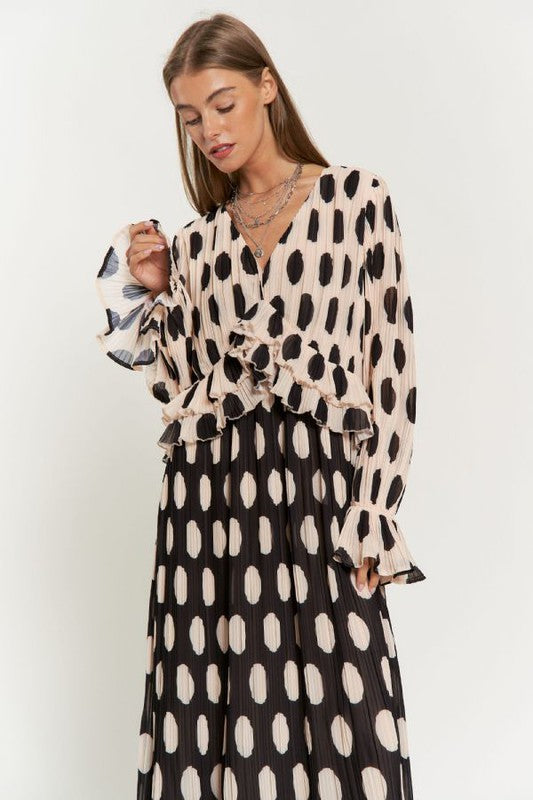 Polka Dot Ruffled Long Sleeve Pleated Maxi Dress Dress